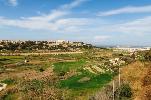 Panorama view of agricultural fields. Aerial view on lands around Mdina, Malta.