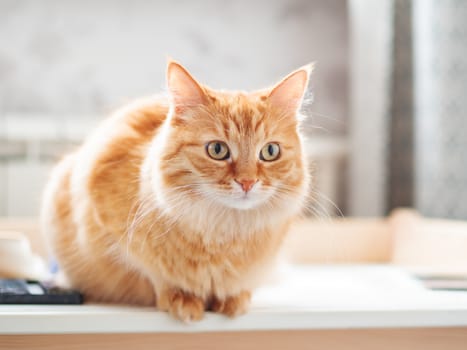 Close up portrait of cute ginger cat. Fluffy pet is staring.. Domestic kitty sitting on table.