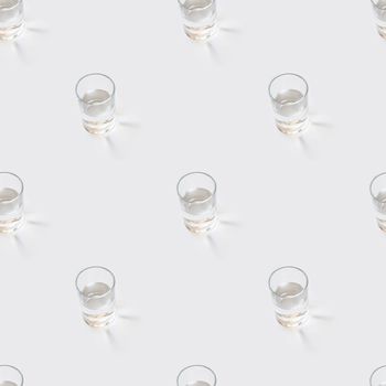 Seamless photo pattern with glass of pure water. Sun shines throught transparent liquid on white background.