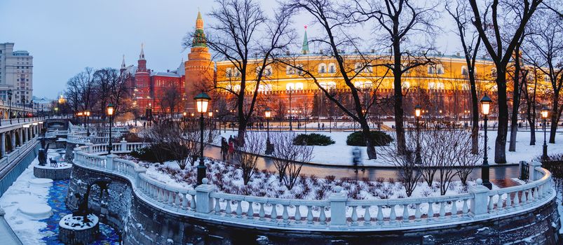 Panorama view on Kremlin and Alexander Gardens at winter evening. Moscow, Russia.