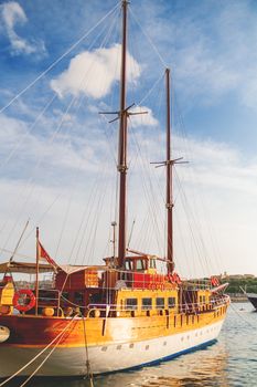 Sailing ship moored on sea embankment, Sliema, Malta.