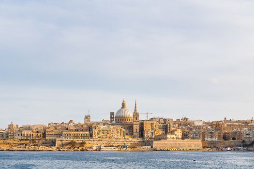 St.Paul cathedral and other historical buildings.Sunset panorama view of Valletta, Malta.