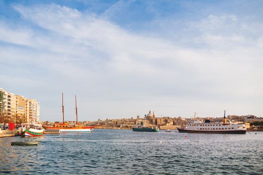 St.Paul cathedral and other historical buildings.Sunset panorama view of Valletta, Malta.