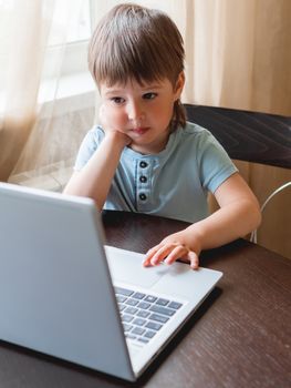 Curious toddler boy explores the laptop and presses buttons on computer keyboard.