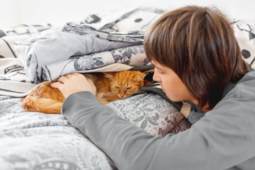 Cute ginger cat hides in bed. Man strokes fluffy pet which sleeps under blanket. Cozy morning bedtime in cozy home.