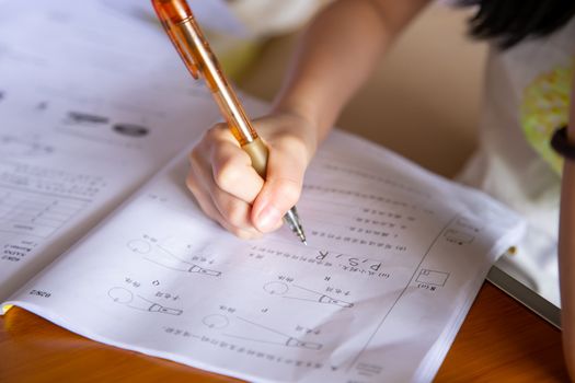 girl doing her school work with online class