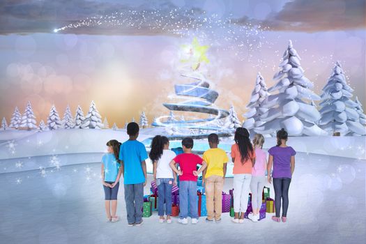 Composite image of cute children against snowy landscape with fir trees