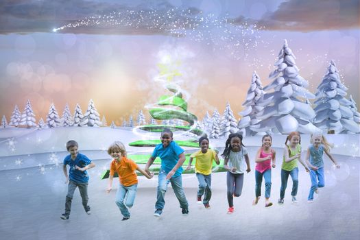 Composite image of cute children against snowy landscape with fir trees