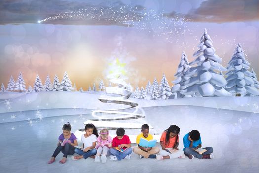 Composite image of cute children against snowy landscape with fir trees