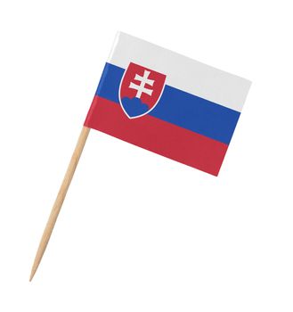 Small paper flag of Slovakia on wooden stick, isolated on white