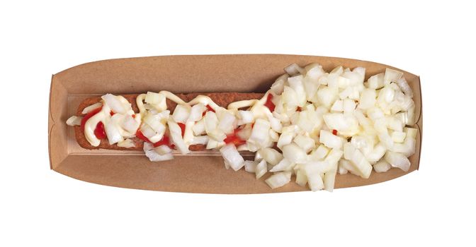 One frikadel with ketchup, mayonnaise on chopped onions, a Dutch fast food snack called 'frikadel speciaal', the Netherlands