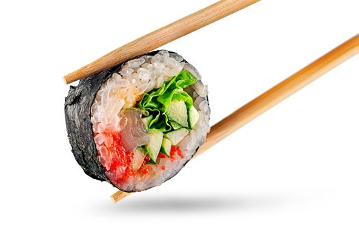 Roll spicy lollo-Ross with chopsticks. Isolated on white background