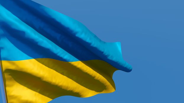 3D rendering of the national flag of Ukraine waving in the wind against a blue sky