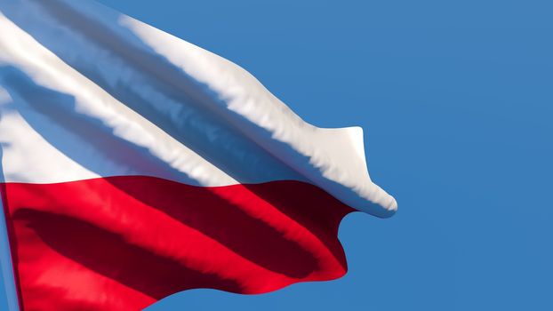 3D rendering of the national flag of Poland waving in the wind against a blue sky