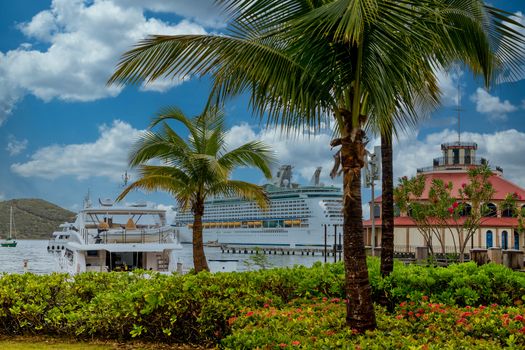 A luxury cruise ship in a tropical harbor with other boats