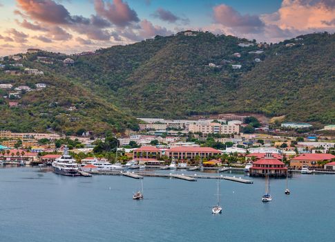 Luxury yachts and sailboats moored in the bay off St Thomas in the Virgin Islands