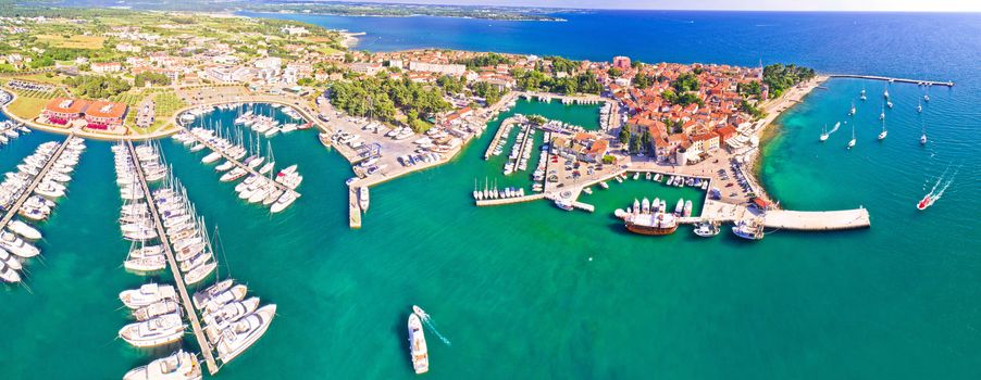 Novigrad Istarski historic Adriatic coastal town coast and marina aerial panoramic view, Istra region of Croatia
