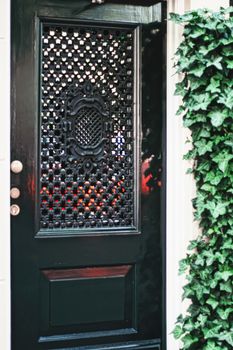 Architectural detail of a building on the main city center street of Amsterdam in Netherlands, european architecture