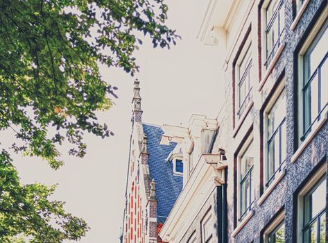 Main downtown street in the city center of Amsterdam in Netherlands on sunny day