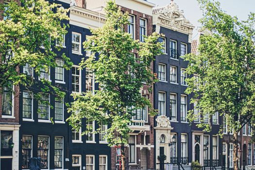 Main downtown street in the city center of Amsterdam in Netherlands on sunny day