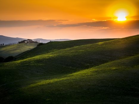 beautiful panorama of sunset in the Tuscany Hills.