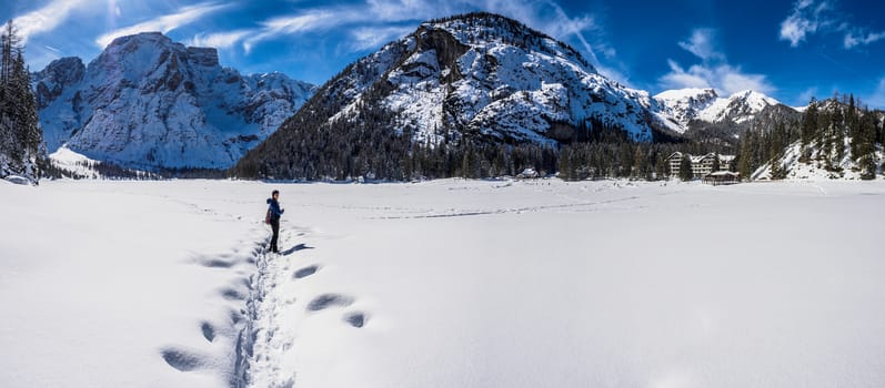 beautiful panorama of Lake of braies in the Dolomites.