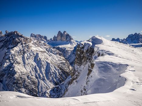 beautiful panorama of Tre Cime of Lavaredo in the Dolomites.