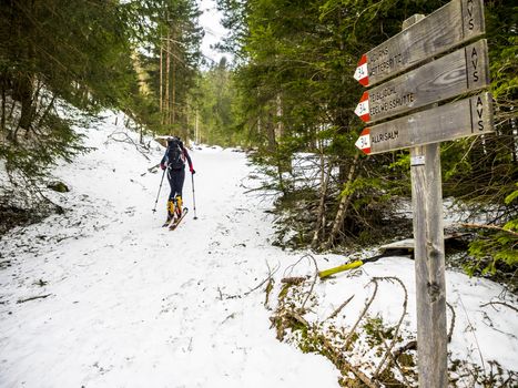 young skier climbs to the top of the mountain.