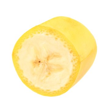 One banana slice, unpeeled. Isolated on white background with clipping path. Extreme close up, studio shoot.