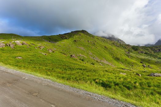Beautifull scandinavian landscape with meadows and mountains. Lofoten islands, Norway.