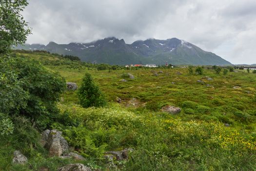 Typical scandinavian landscape with meadows, mountains and village. Lofoten islands, Norway.