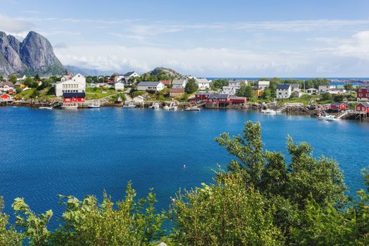 Beautiful scandinavian landscape with mountains and fjords. Panorama view of Reine village on Lofoten islands, Norway.
