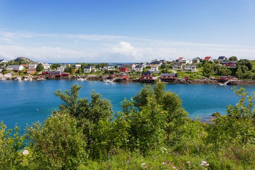 Beautiful scandinavian landscape with mountains and fjords. Panorama view of Reine village on Lofoten islands, Norway.