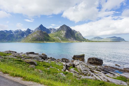 Beautiful scandinavian landscape with mountains and fjords. Lofoten islands, Norway.