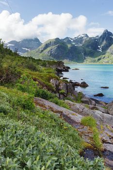 Beautiful scandinavian landscape with mountains and fjords. Car trip on Lofoten islands, Norway.