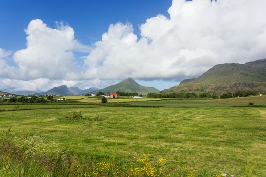 Typical scandinavian landscape with meadows, mountains and village. Lofoten islands, Norway.