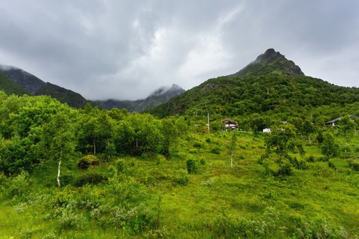 Beautifull scandinavian landscape with meadows and mountains. Lofoten islands, Norway.
