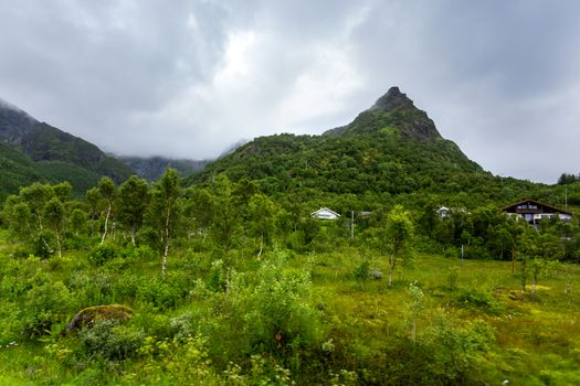Beautifull scandinavian landscape with meadows and mountains. Lofoten islands, Norway.