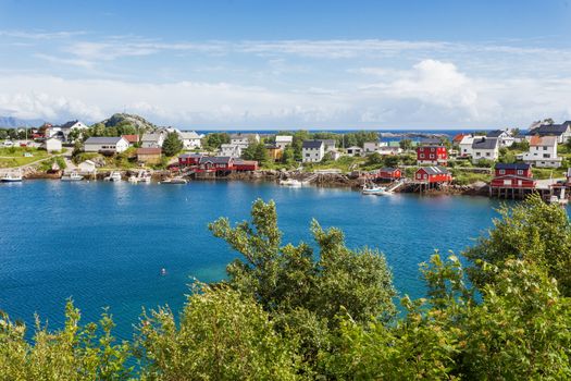 Beautiful scandinavian landscape with mountains and fjords. Panorama view of Reine village on Lofoten islands, Norway.