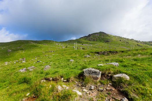 Beautifull scandinavian landscape with meadows and mountains. Lofoten islands, Norway.