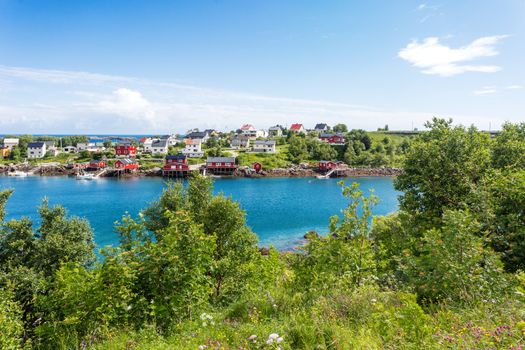 Beautiful scandinavian landscape with mountains and fjords. Panorama view of Reine village on Lofoten islands, Norway.
