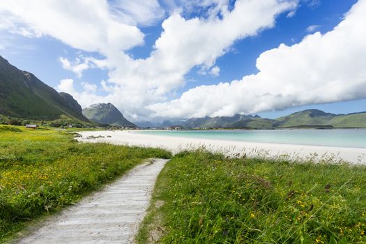 Rambergstranda beach on Lofoten islands. Beautiful sandy beach and azure water. Norway.