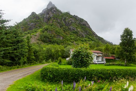 Beautifull scandinavian landscape with meadows, mountains and village. Lofoten islands, Norway.