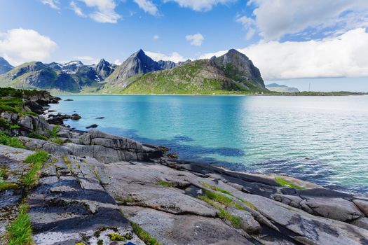 Beautiful scandinavian landscape with meadows, mountains and fjords. Lofoten islands, Norway.