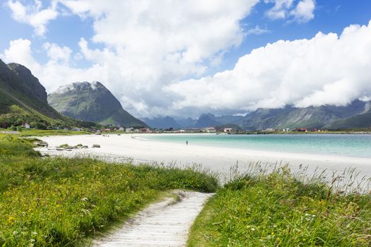 Rambergstranda beach on Lofoten islands. Beautiful sandy beach and azure water. Norway.