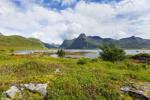 Beautiful scandinavian landscape with mountains and fjords. Lofoten islands, Norway.