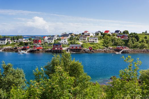Beautiful scandinavian landscape with mountains and fjords. Panorama view of Reine village on Lofoten islands, Norway.