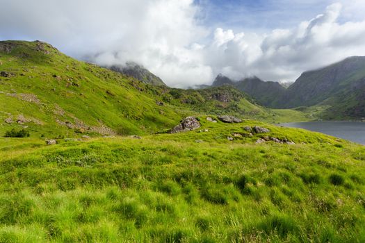 Beautifull scandinavian landscape with meadows, fjord and mountains. Lofoten islands, Norway.
