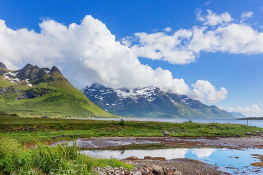 Typical scandinavian landscape with meadows, mountains and fjords. Lofoten islands, Norway.