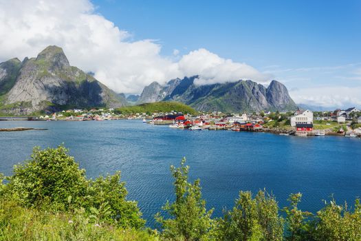 Beautiful scandinavian landscape with mountains and fjords. Reine village on Lofoten islands, Norway.